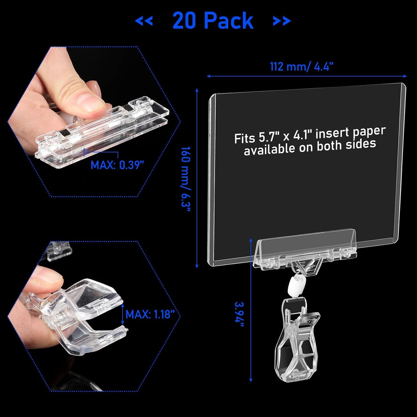 Epakh 20 Pieces Sign Clips Rotating Price Tag Clip Swivel Sign Holder for Handrails or Tubes with 20 Pieces Hard Card Sleeves PVC Card Protector for Shelves Store Supermarket(Thumb Clip Style)