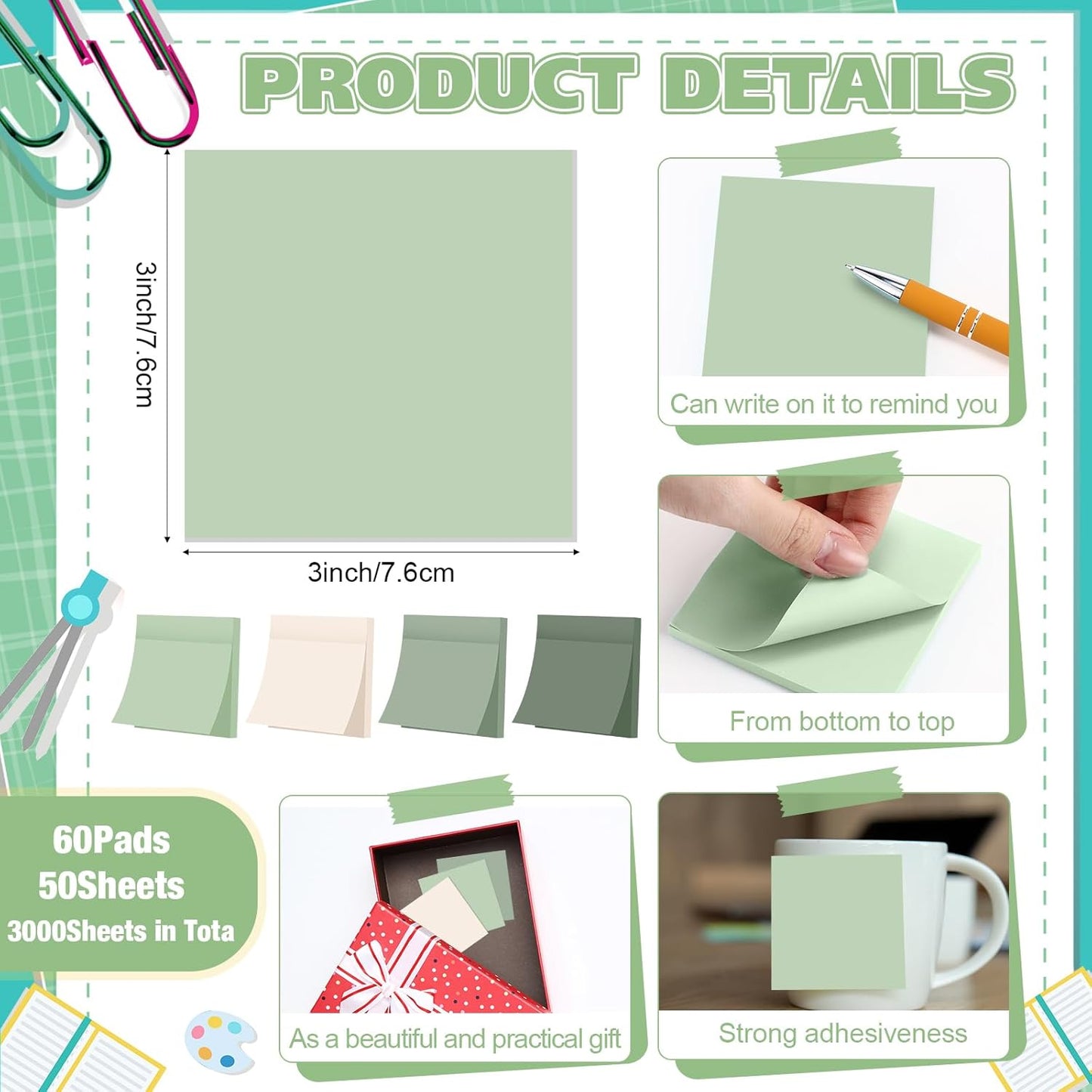 Fainne 60 Pack Sticky Notes Bulk Back to School Supplies Self Stick Note Pads Paper Memo for Office First Day of School Student Teacher Essentials (3x3inch,Fresh Color)