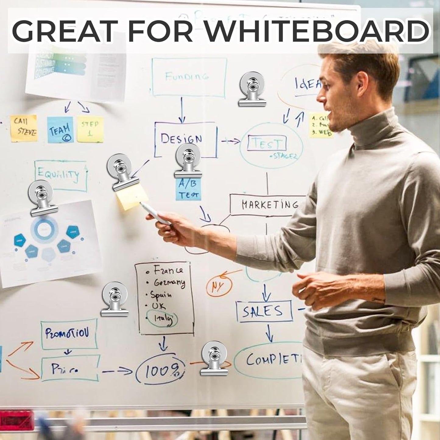 60 Pack Fridge Magnet Refrigerator Magnets, Strong Magnetic Clips Whiteboard Magnets, Magnet Clips Heavy Duty, Clip Magnets for Photo Displays, Home, Office, Classroom, Silver