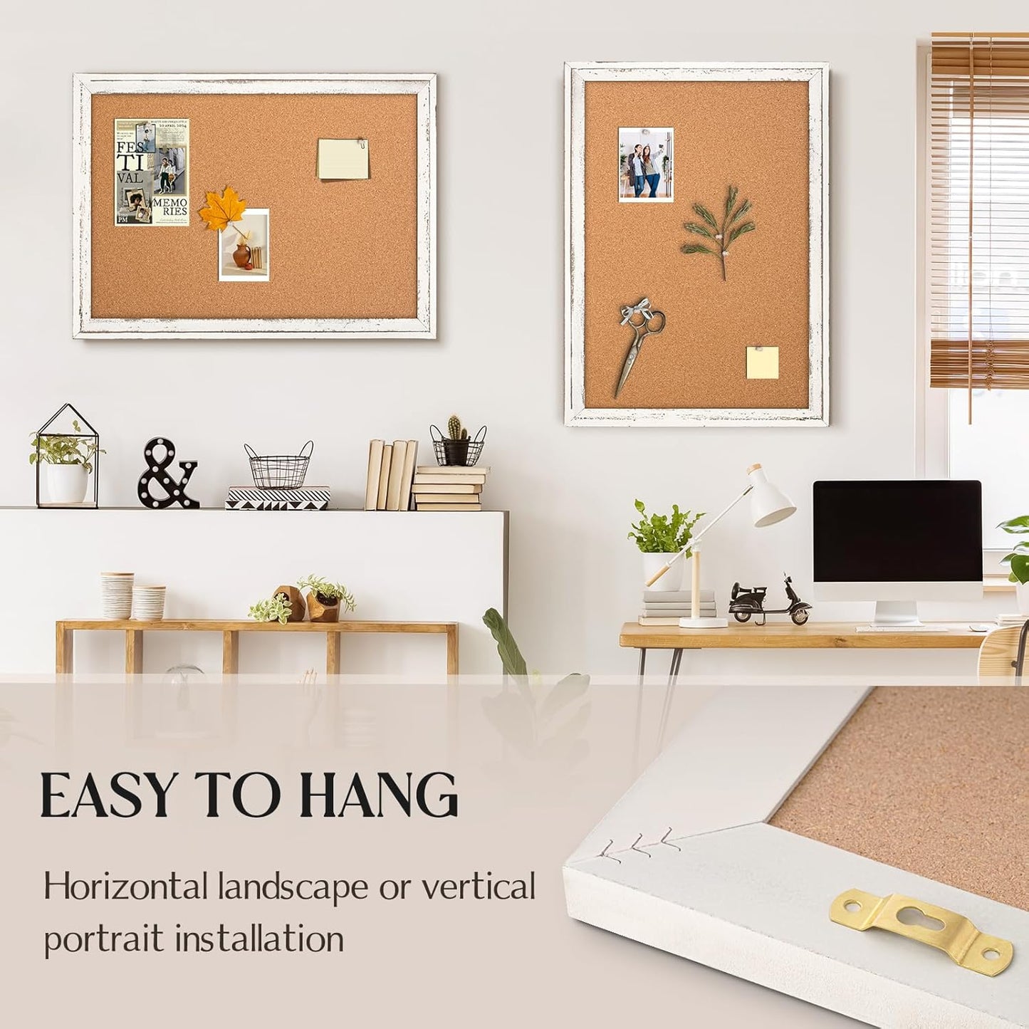 Cork Board Bulletin Board, 30" x 20" Rustic White Wooden Frame Corkboard for Wall, Hanging Vision Board, Pin Board for Home Room Dorm Office Decor