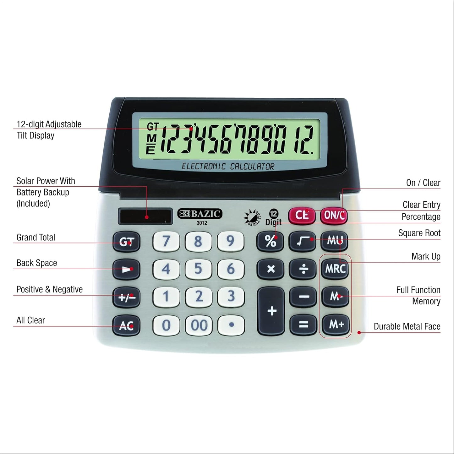 BAZIC 12-Digit Dual Power Desktop Calculator with Adjustable Display (Case of 72) (3012-72)