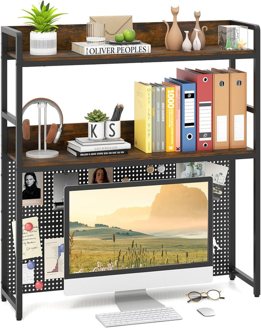 Giantex Desktop Bookshelf, 2-Tier Desk Hutch Dorm with Pegboard for up to 32" Computer Monitor, Industrial Countertop Storage Organizer Rack, Desk Shelf for Home Office, Rustic Brown