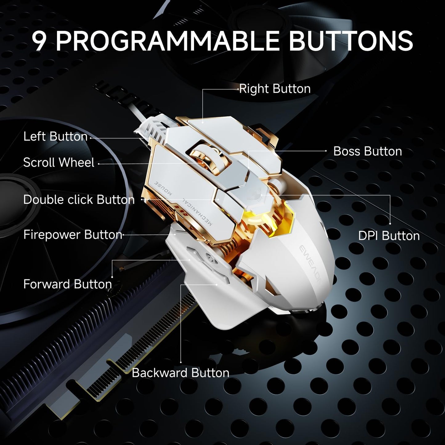 EWEADN G5 Wired Gaming Mouse, Ergonomic RGB Computer Mouse, 12800 Adjustable DPI, 9 Programmable Macro Buttons with Rapid Fire Key Compatible for PC/Laptop/Windows-White