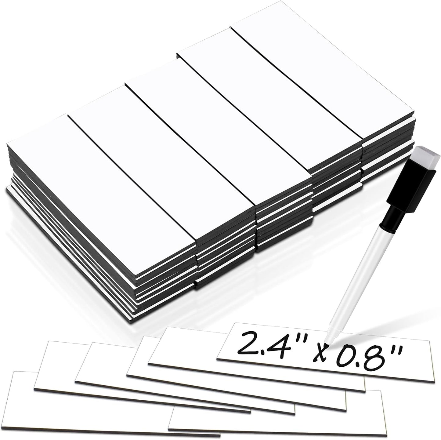 50 Pack Dry Erase Magnetic Labels White Reusable Write On Magnets Sticker, Magnetic Blank Writable Erasable Cards Name Tags for White Board, Garage, Classroom, Home, Office, 2.4'' x 0.8''