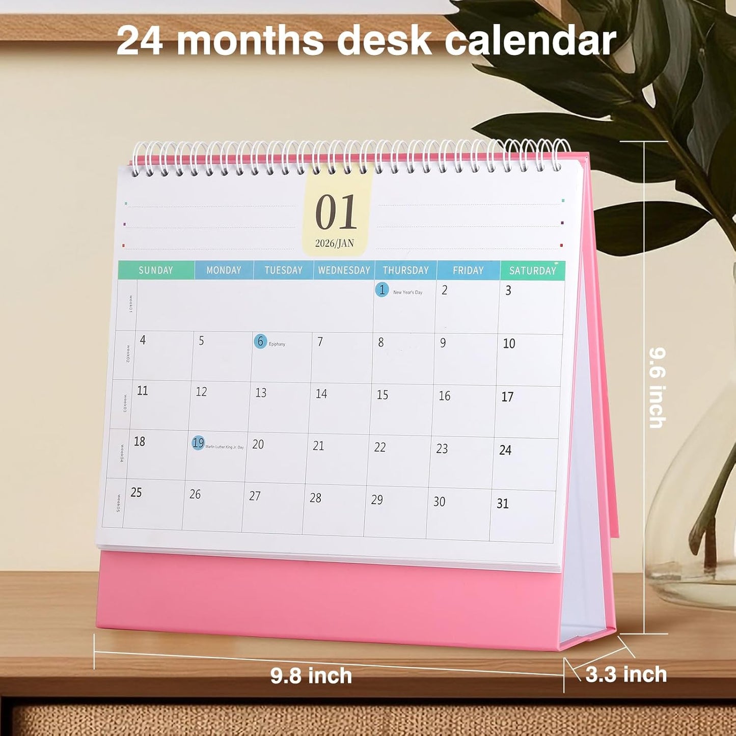 Desk Calendar 2026-2027, 2 Years Calendar Runs from Jan. 2026 until Dec 2027, Table Monthly Planner with Stickers for Home,Office,School Organization(L-Pink+White,9.8" x 9.6")