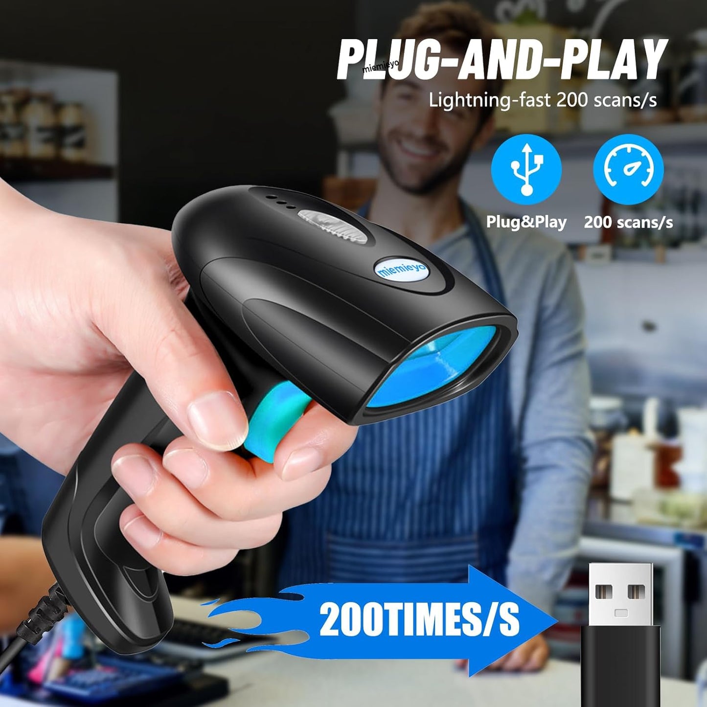 1D Handheld Barcode Scanner – Wireless Range Up to 328ft, Perfect for Retail, Warehouse, and Office Use