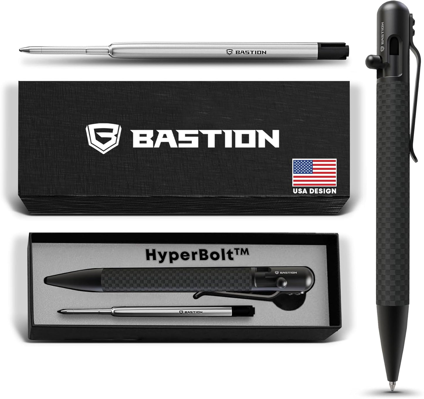 BASTION® Luxury Carbon Fiber Bolt Action Pen Durable Professional Ballpoint Pen for Travel, School and Work Birthday Gift Idea - Black Stainless Steel