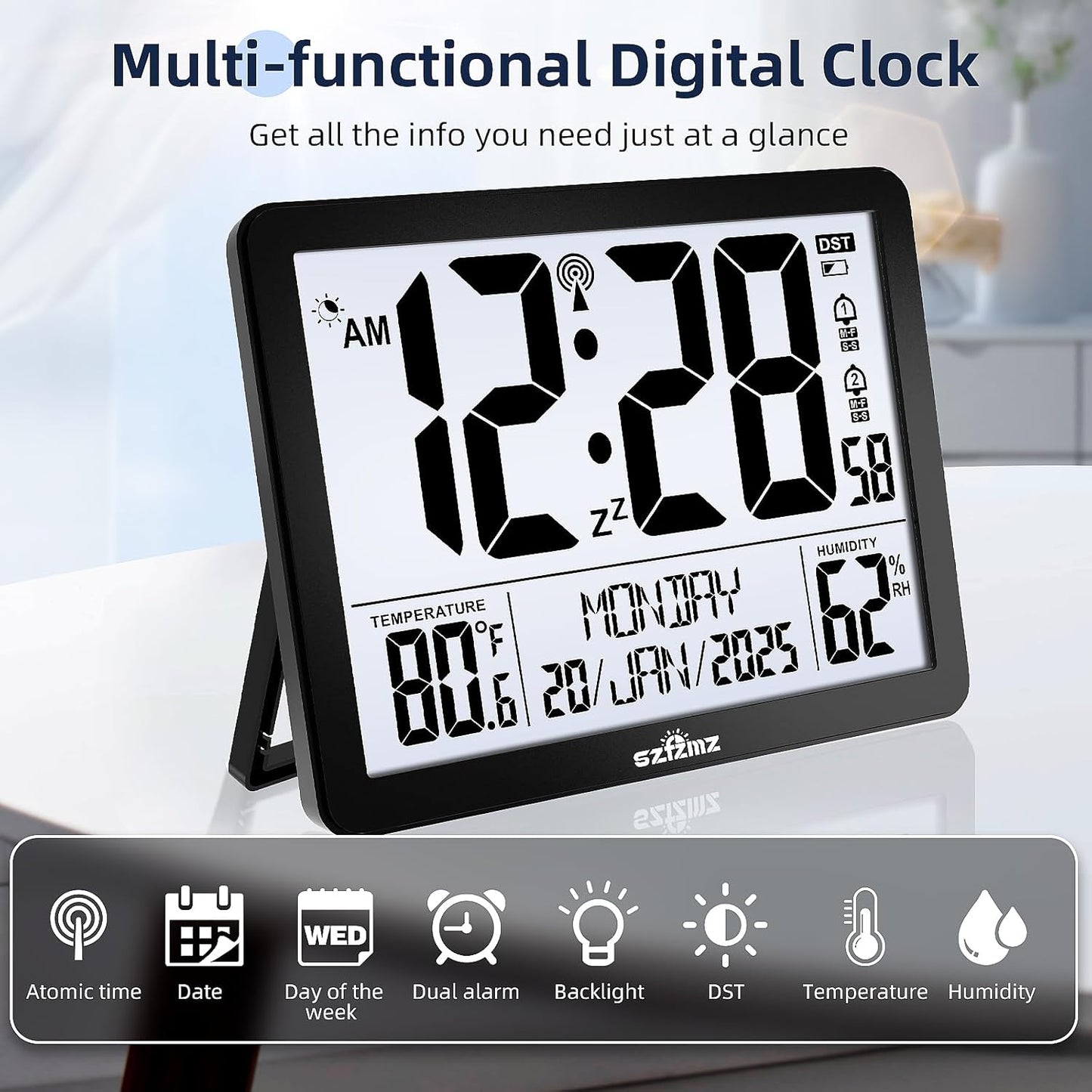 Atomic Digital Wall Clock Battery Operated with Backlight, Desk Clocks with Indoor Temperature & Humidity, 8.5" Small Alarm Clock with Date and Day of Week for Bedrooms, Living Room, Auto DST, Black