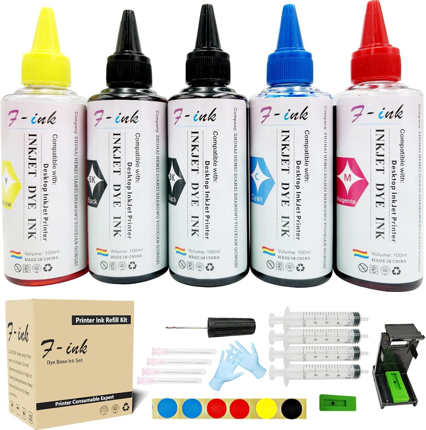 F-INK 5 Bottles Ink and Ink Refill Kits Compatible with Hp Inkjet Ink Cartridges 68 68XL 67XL 662XL 664XL 60XL 61XL 62XL 63XL 64XL 65XL 92XL 94XL 901XL- with Ink Refill Tools