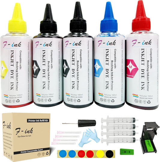 F-INK 5 Bottles Ink and Ink Refill Kits Compatible with Hp Inkjet Ink Cartridges 68 68XL 67XL 662XL 664XL 60XL 61XL 62XL 63XL 64XL 65XL 92XL 94XL 901XL- with Ink Refill Tools