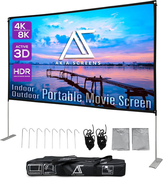 Akia Screens 125 inch Portable Projector Screen with Stand Upgraded and Carry Bag 16:9 HD Rear Front Projection Screen for Indoor Outdoor Home Theater Backyard Travel Foldable Movie Screen AK-OPS125H