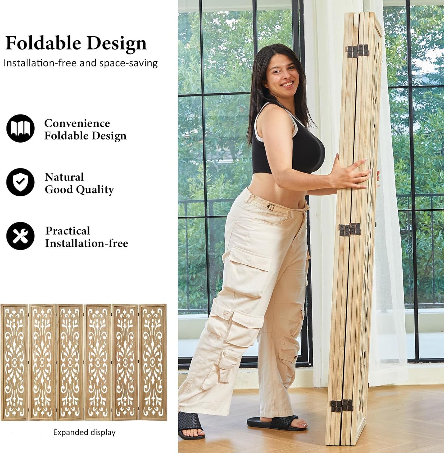 5.6Ft Room Divider Folding Wood Classical Carved Partition Screen for Home Office Garden - 6 Panels (Natural)