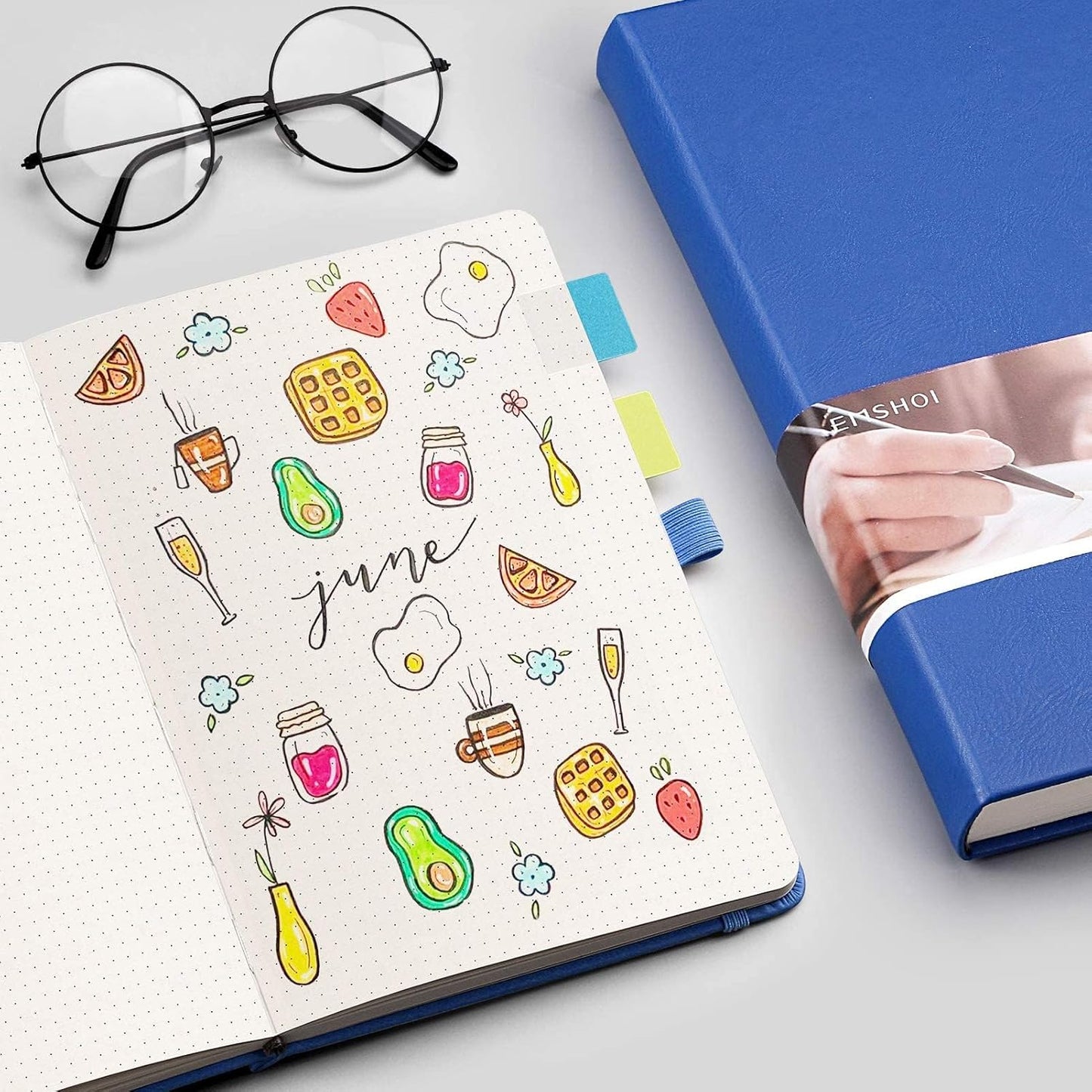 EMSHOI A5 Dotted Journal - 256 Pages with 120gsm Thick Dot Grid Paper, Hardcover Leather Dotted Notebook, 16 Perforated Pages, Pen Loop & Inner Pocket, for Bullet Journaling, 5.75” x 8.38”, Blue