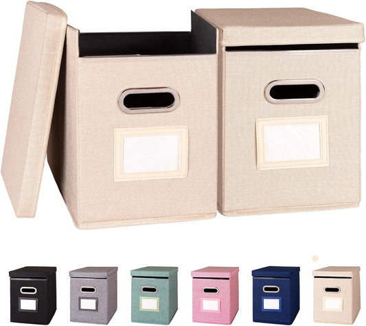 2 Pack Hanging File Folders Organizer with Lid, Letter Size Fabric File Storage Box Collapsible, Portable Office Document Holder with Metal Handle, Smooth PVC Rails, Beige