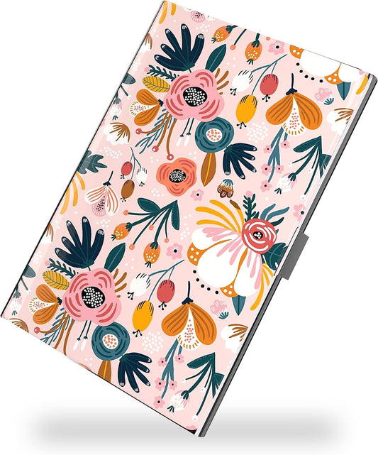 Business Card Metal Slim Organizer, Professional Stainless Steel Square Pocket Wallet for Office Workers, Compact and Portable for Pockets (Pink Flowers)