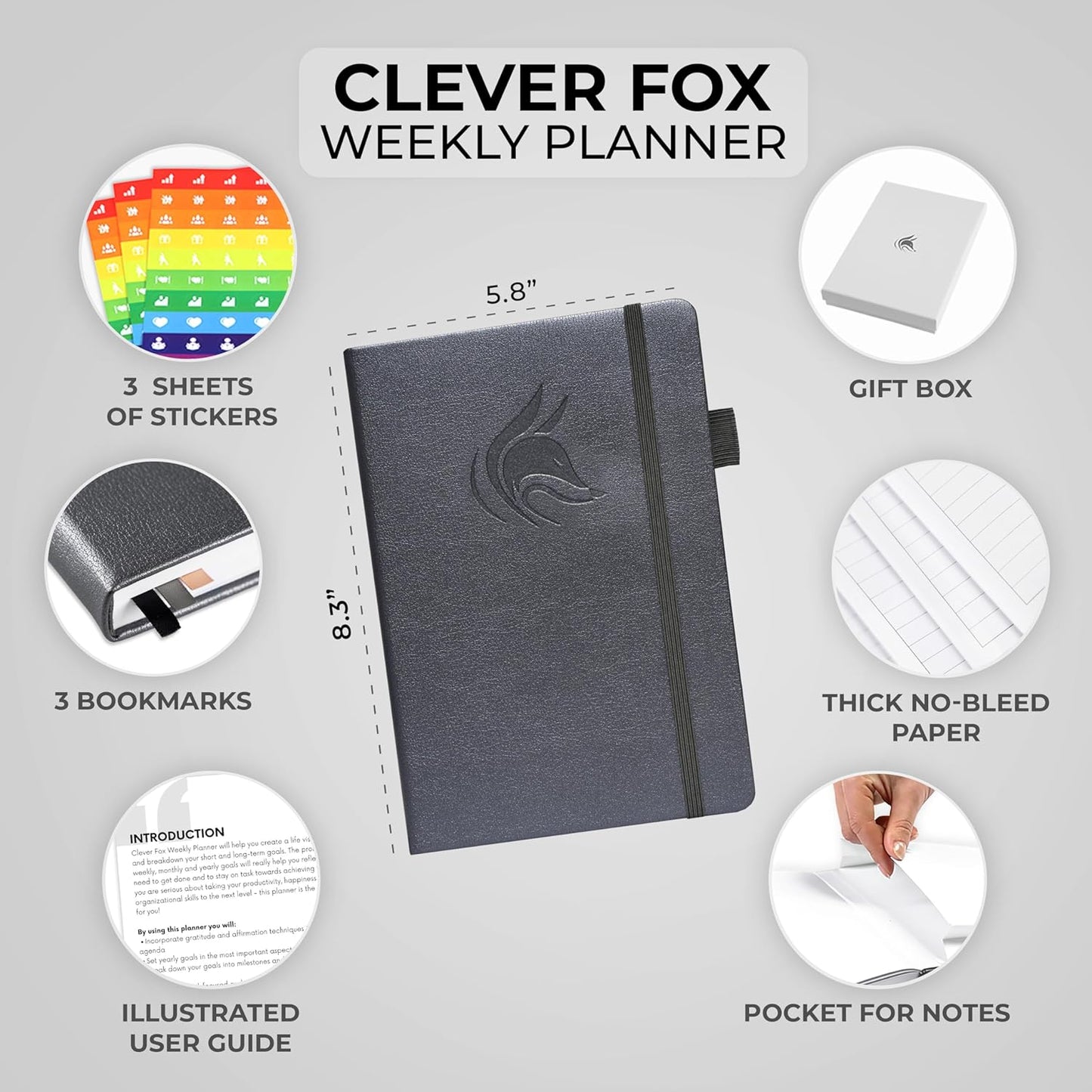 Clever Fox Planner – Undated Weekly & Monthly Planner for Productivity, Time Management & Goals – Organizer Journal – A5 (Silver Black)