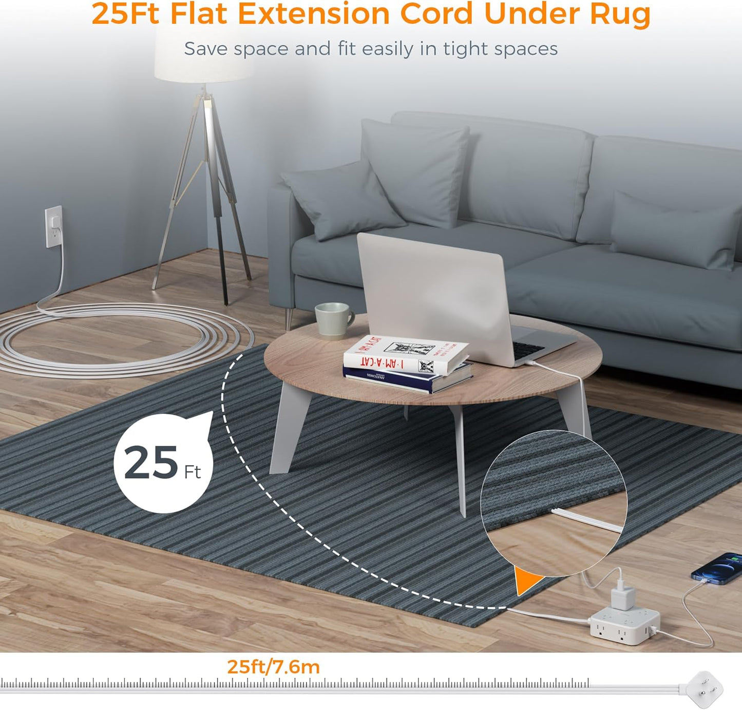 Flat Plug Long Extension Cord 25 Ft, TESSAN Power Strip Surge Protector with 8 Outlets 3 USB Ports (1 USB C), 900J Protection Desktop Charging Station for Home, Office, Dorm Room Essentials