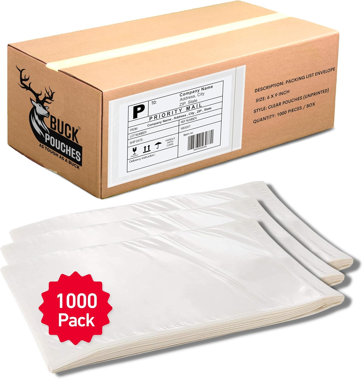 1000 Pack 6"x9" Shipping Label Sleeves – Clear Self-Adhesive Packing Slip Pouches, Waterproof Packing List Envelopes – Ideal for Shipping Documents, Mailing Labels, Invoices & Packing Slips