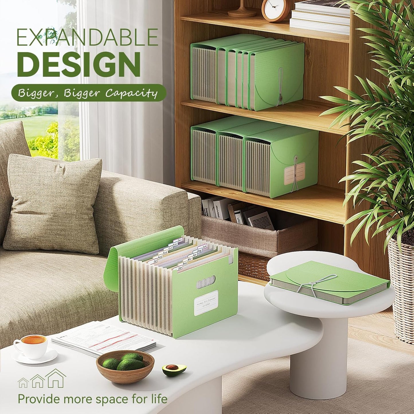 Accordion File Organizer, 13 Pockets Wheat Straw Expanding File Folder, Portable Monthly Paper Bill Tax Receipt Organizer, Letter A4 Size Document Holder with Colorful Tab - Grass Green