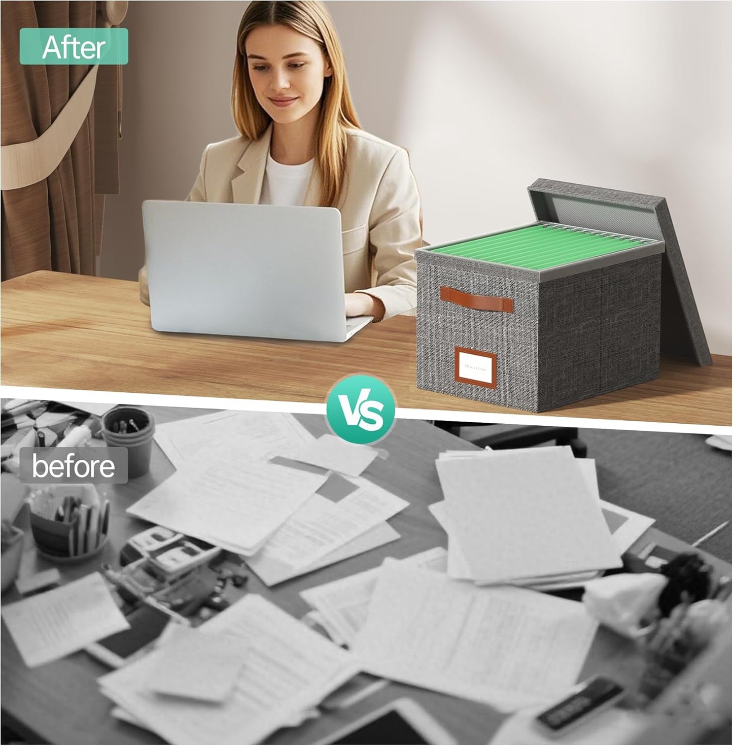 File Box for Hanging, File Organizer Box with Lid Decorative File Folders Letter Size Organizer with One-Piece Integrated Plastic Slide Rail (Grey, 13.2x10.1x10.1inch(2pack))