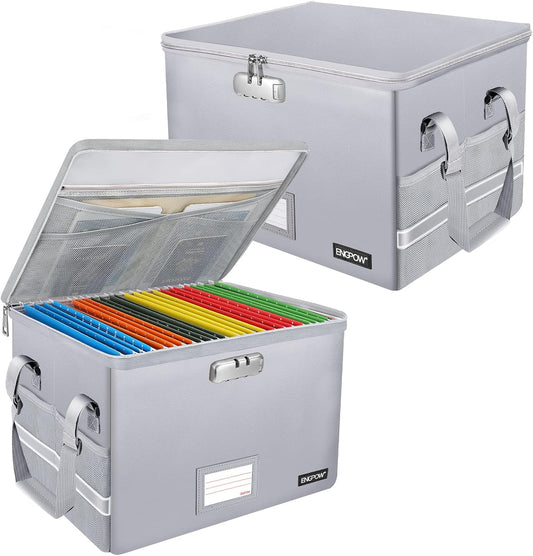 ENGPOW File Box with Lock, Fireproof Document Box with Pockets, Collapsible File Organizer Filing Storage Cabinet with Handle, Portable Home Office Safe for Hanging Letter/Legal Folders,Silver,2 Pack