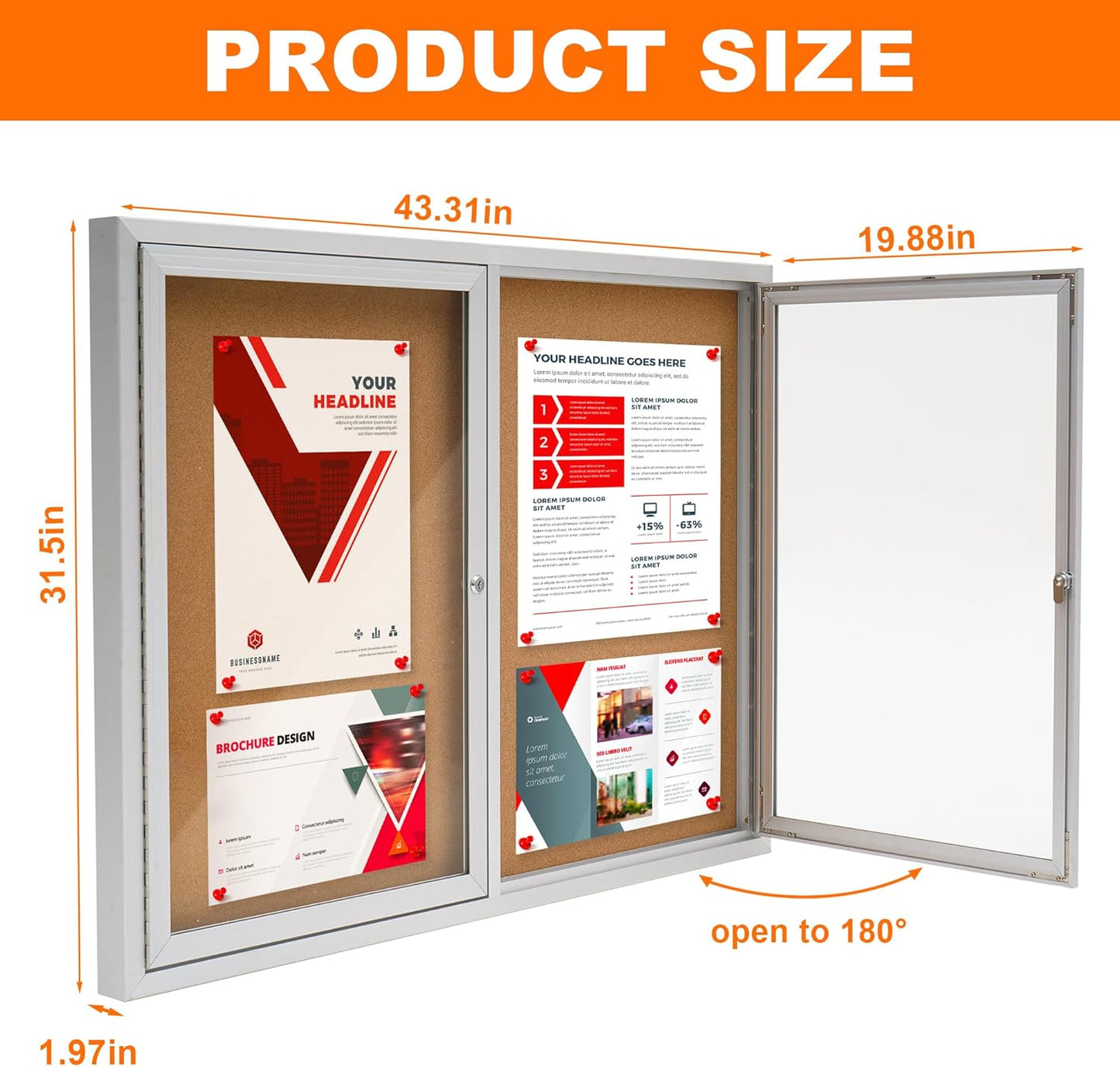 Enclosed Bulletin Board,Outdoor Bulletin Board,43.3 * 31.5’’ Lockable Cork Noticeboard with Aluminum Frame,Weatherproof Display Cases for School, Office,Commercial