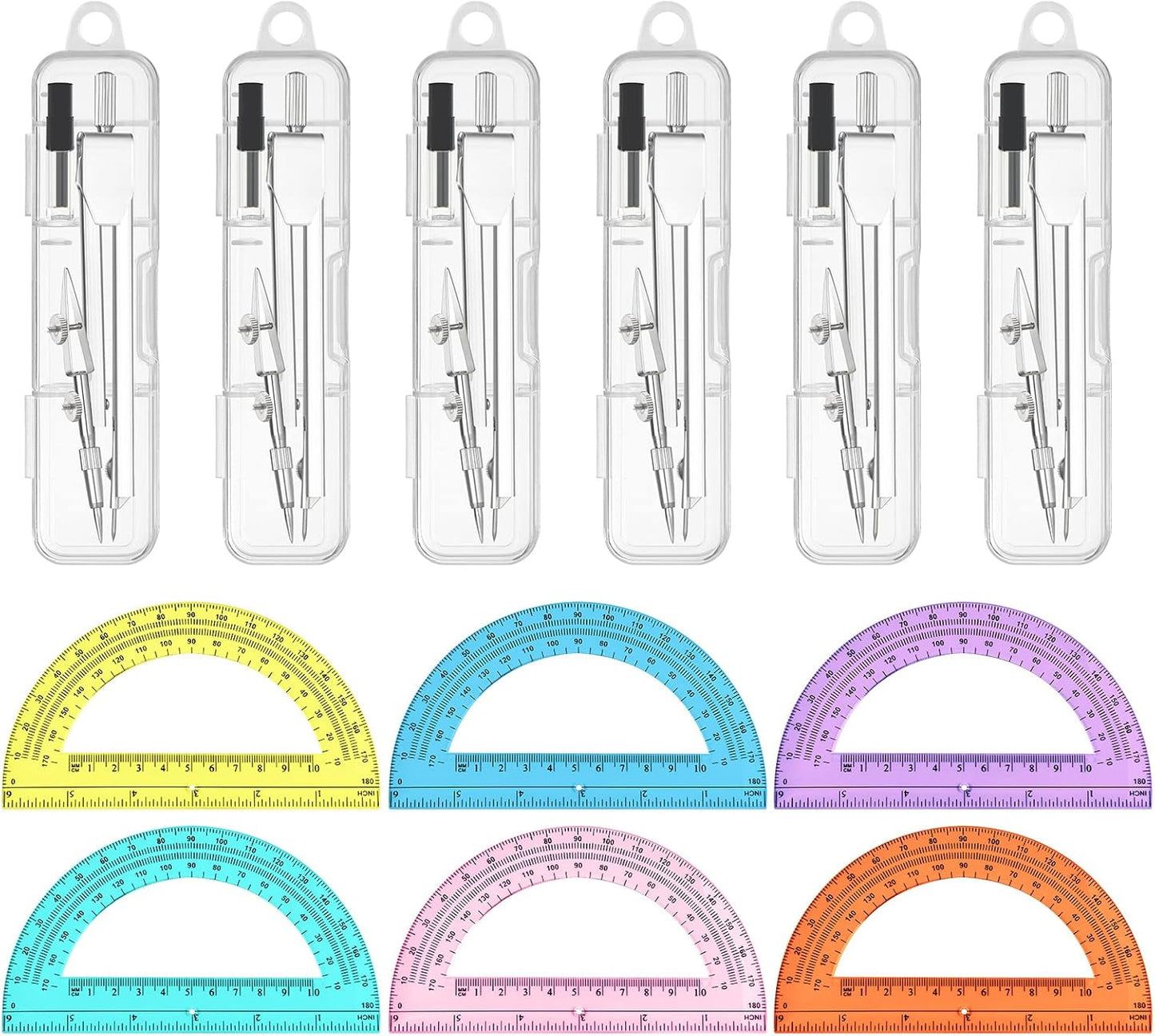 6 Sets Compass and Protractor Sets Student Basics Geometry Math Set Metal Compass and 6 Inch 180 Degree Protractors Geometry Graphing Drawing Tools for Office and School Supplies (Colorful)
