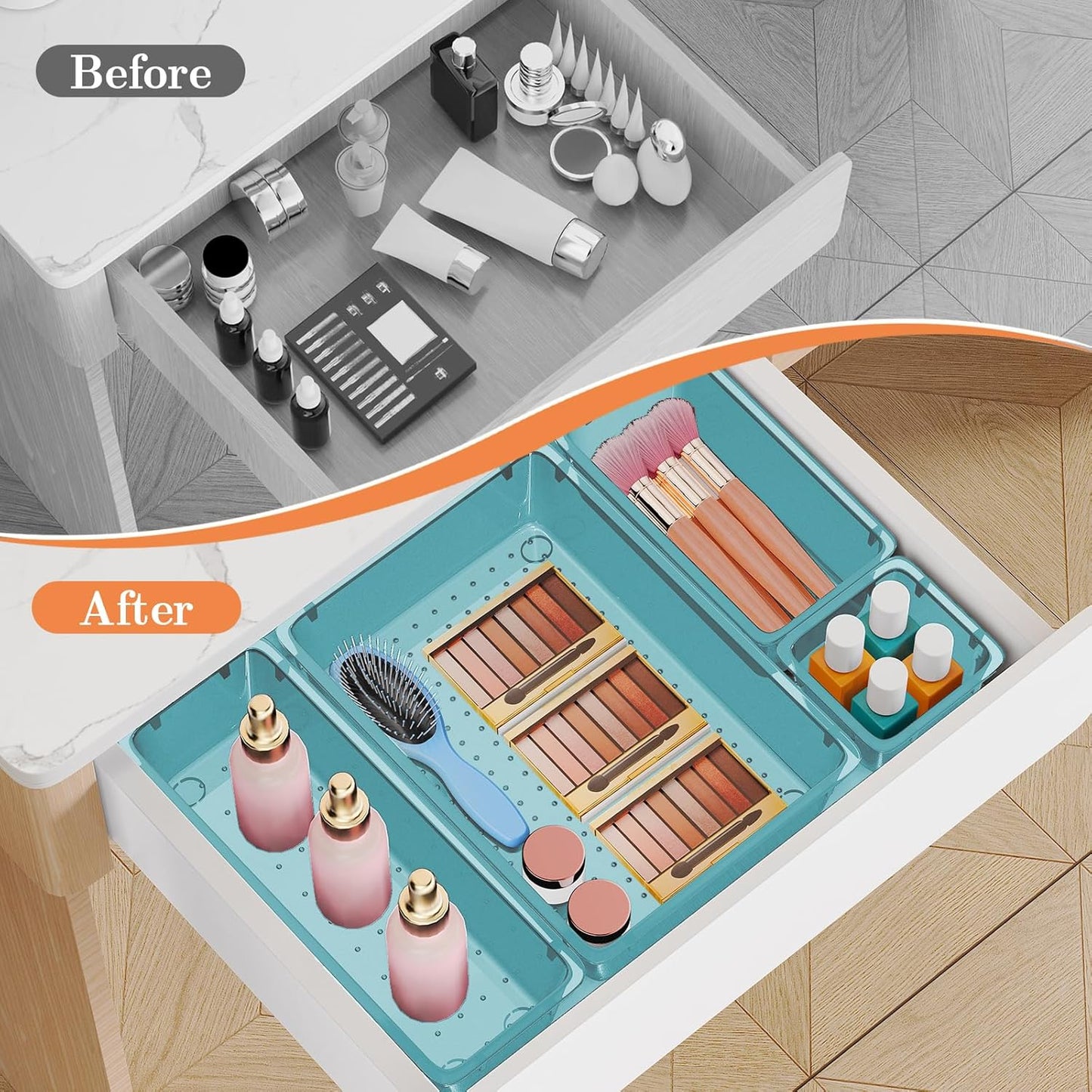 25 PCS Plastic Drawer Organizer Set, 4-Size Versatile Organizer Trays & storage Bins for Makeup, Jewelry, and Gadgets in Bathroom, Bedroom and Office, Sea Blue