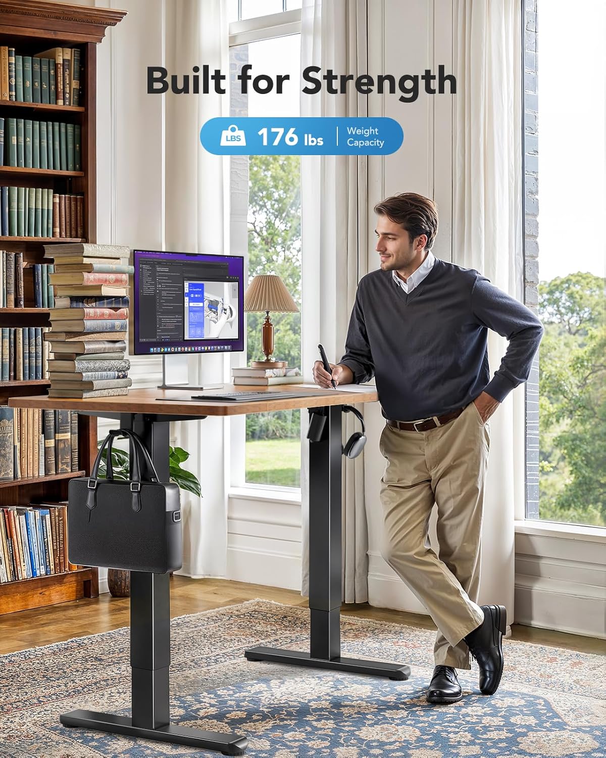 HUANUO 48 x 24 inch Electric Standing Desk, Height Adjustable Table with Headphone Hooks & Cable Manager, Sit to Stand up Desk for Home Office, Vintage Brown