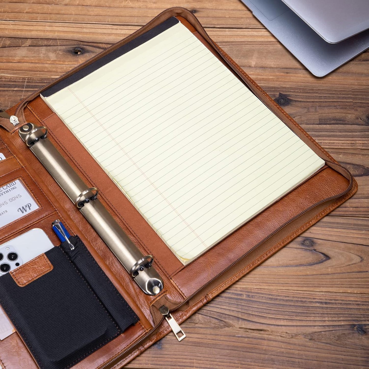 Genuine Leather Portfolio with 3 Ring Binder, Full Grain Leather Padfolio Zippered, A4 Notebook Holder Laptop Sleeve Professional Folder Organizer Gift for Men and Women, Brown, Oil Tanned