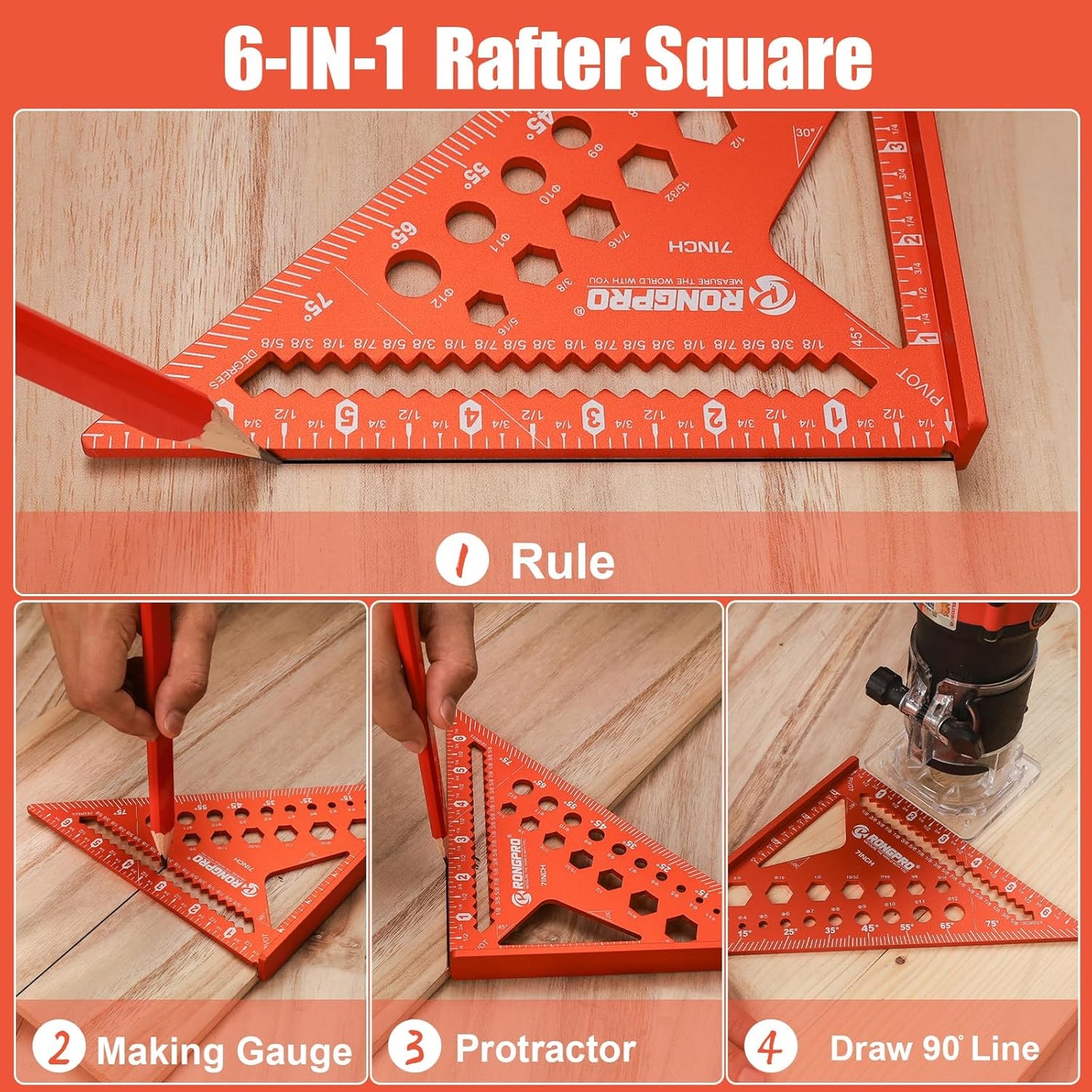 6-in-1 Carpenter Square 7 inch, Aluminum Rafter Square, Multi-Purpose Carpenter Tools : Wrench, Square, Protractor, Ruler, Marking Gauge, Drill Gauge, Includes 2pcs Carpentry Pencil (Champange)