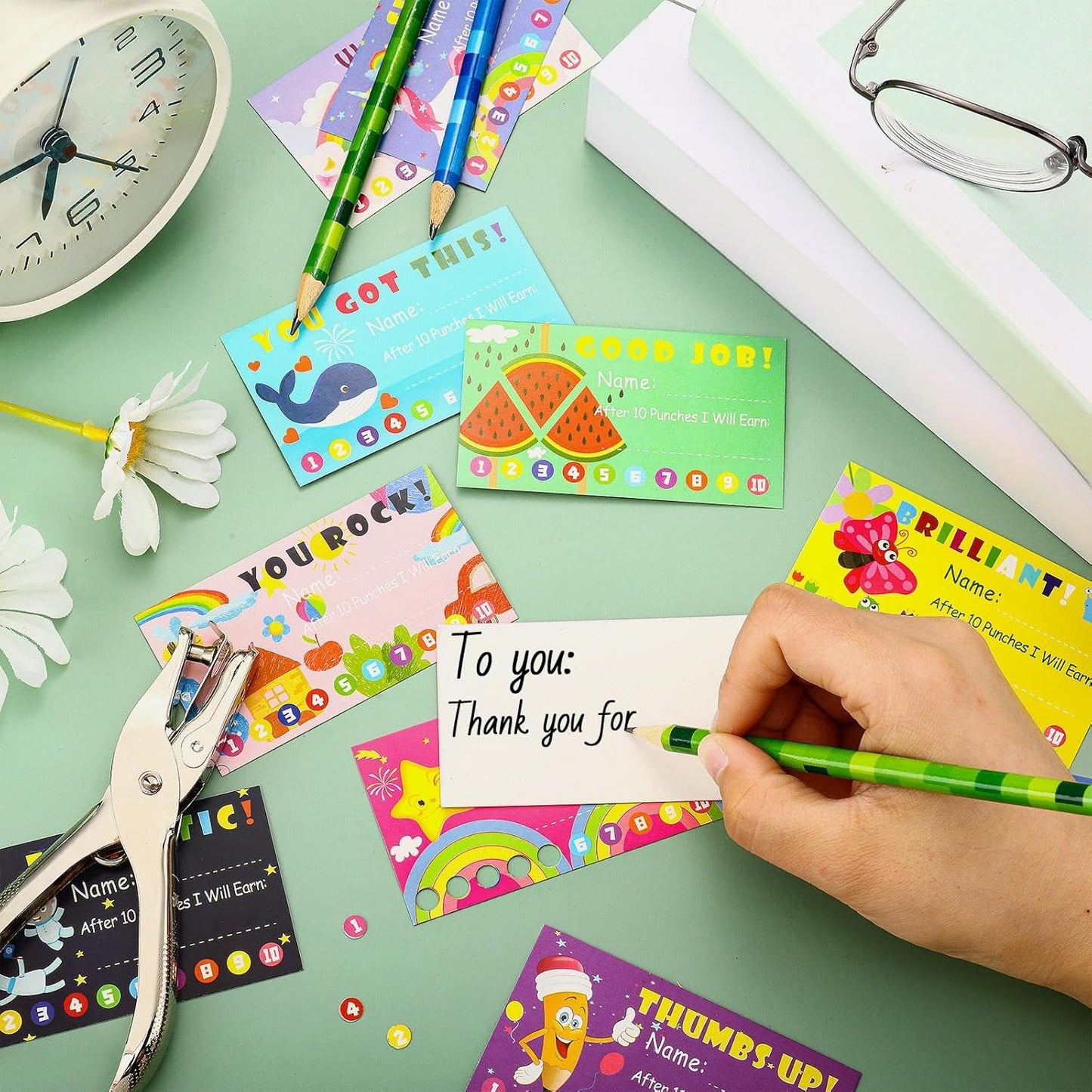 200 Pcs Behavior Punch Cards with Hole Puncher for Kids Incentive Reward Chart Loyalty Card for Classroom Student Teacher Business Kid Award Behavior 3.5 x 2 Inch, 10 Styles(Bright Style)