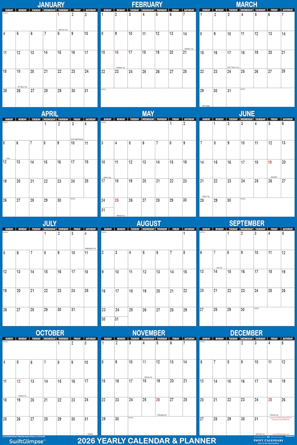 32" x 48" SwiftGlimpse 2026 Wall Calendar Erasable Large XL Wet & Dry Erase Laminated 12 Month Annual Yearly Wall Planner, Reversible, Navy