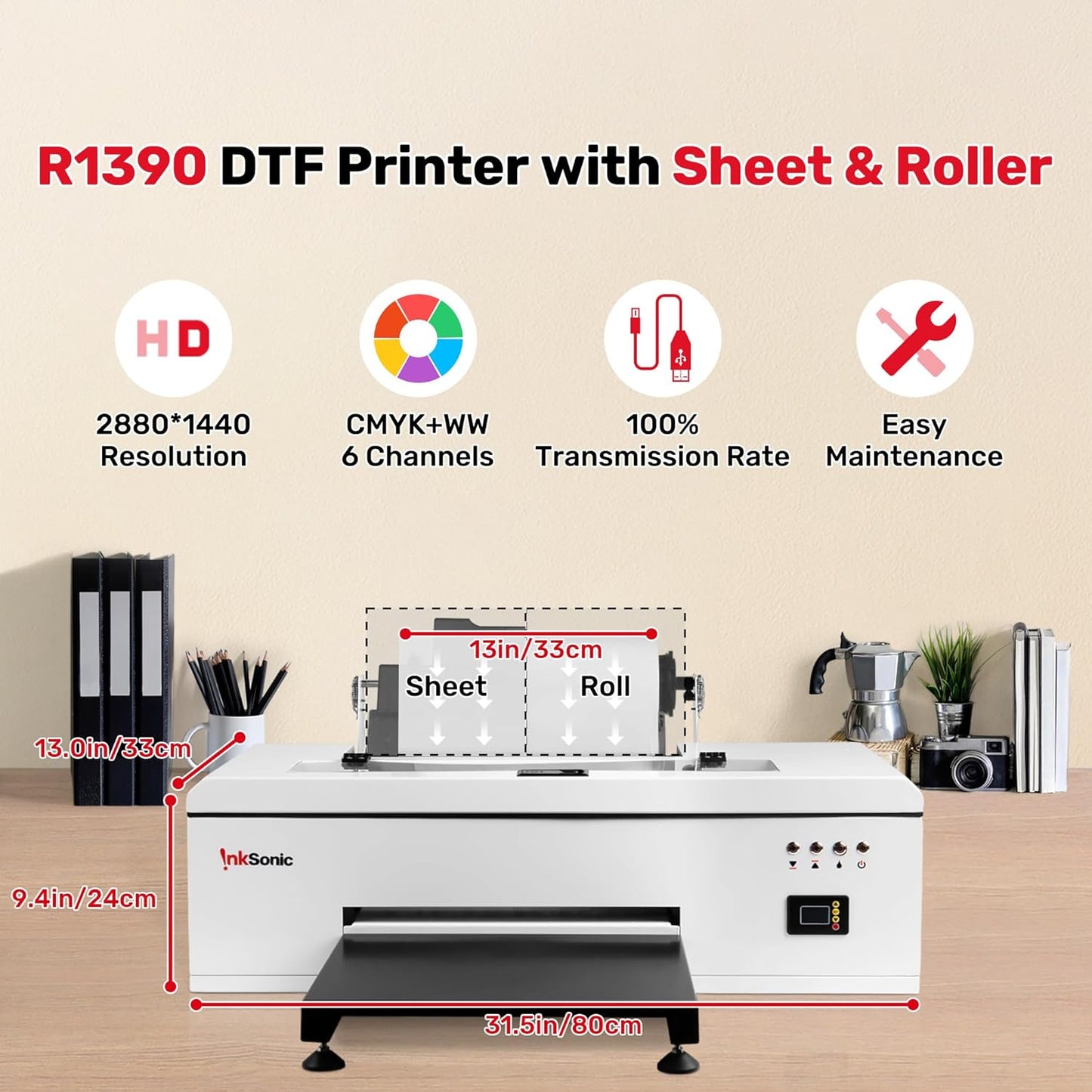 InkSonic R1390 DTF Printer Machine, A3 T Shirt Printing Machine with Oven, 13" DTF Printer Bundles, Direct to Film Heat Transfer, T-Shirt Maker for Clothes Design, Custom Garment Printing