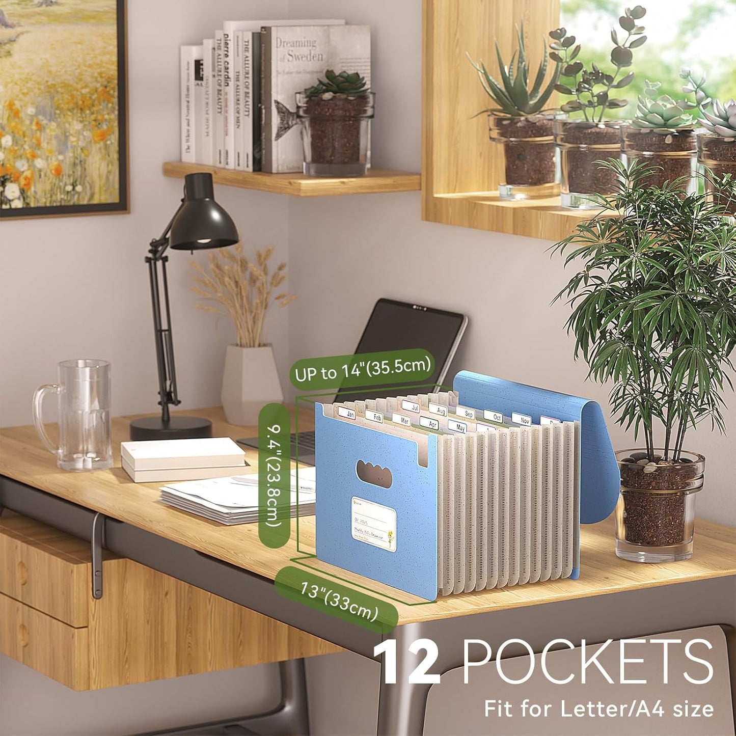 Accordion File Organizer, 12 Pockets Wheat Straw Expanding File Folder, Portable Monthly Paper Bill Tax Receipt Organizer, Letter A4 Size Document Holder，Green Office with Colorful Tab，UN Blue