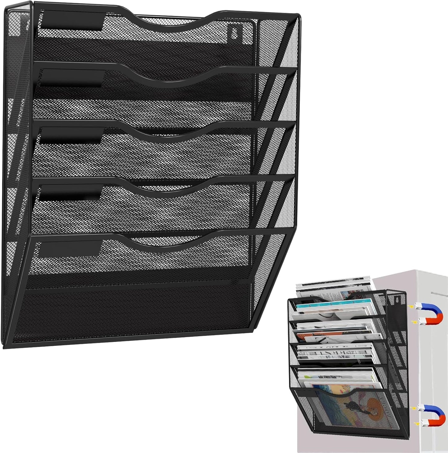 5-Tier Magnetic File Holder, No Drilling Installation File Cabinet Organizer, Black Magnetic File Organizer, Magazine Rack, Magnetic Paper Holder for Refrigerator, File Cabinets, Whiteboard