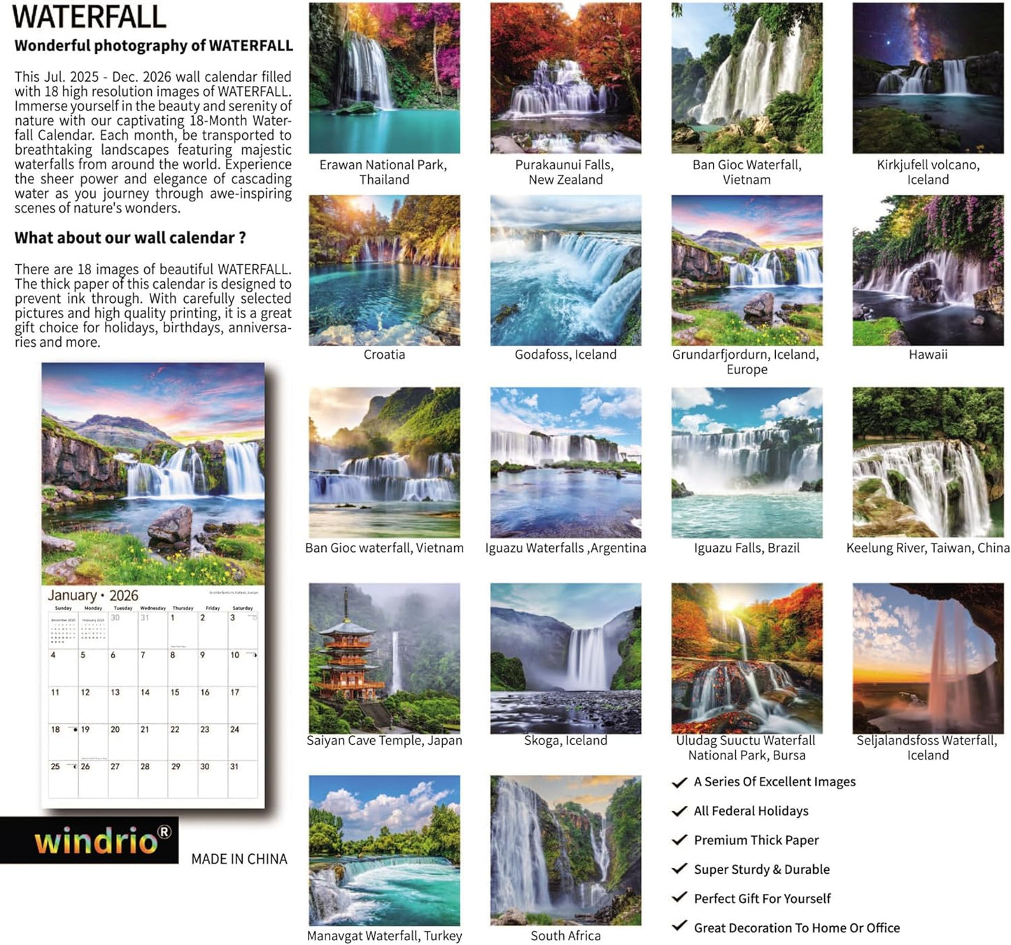 2025 Wall Calendar,Calendar 2026, July 2025 - December 2026, Wall Calendar Waterfall, 12" x 24" Opened,Full Page Months Thick & Sturdy Paper for Calendar Organizing & Planning
