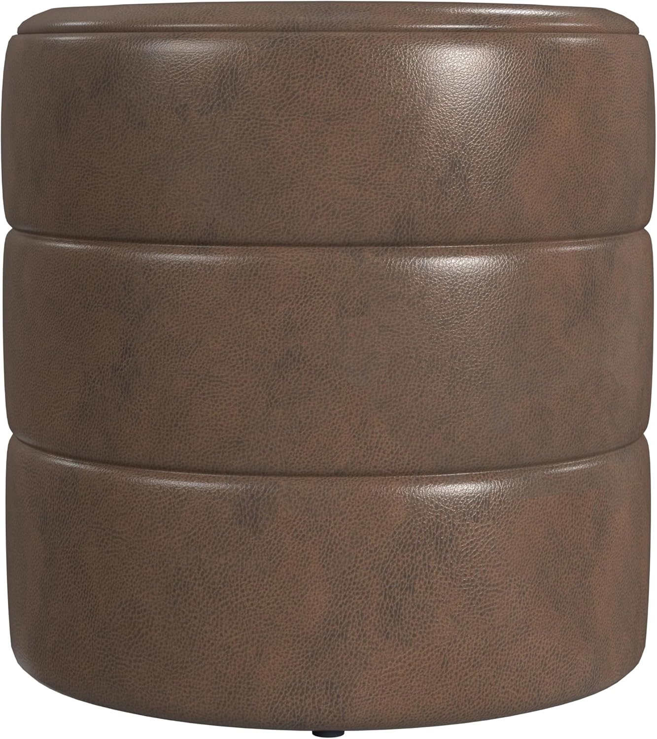 HomePop Upholstered Faux Leather Round Ottoman Home Décor|Foot Rest Ottoman- Brown Faux Leather