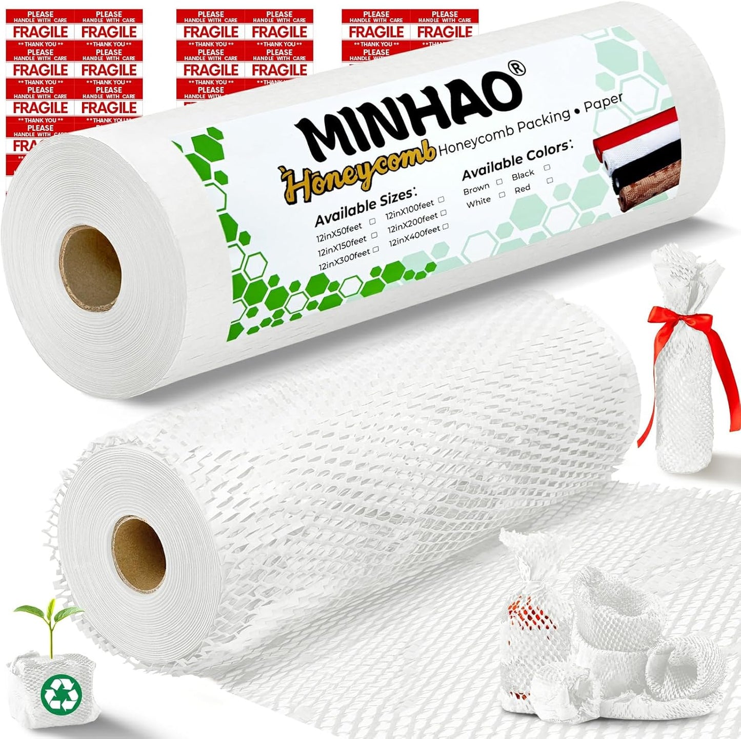 Honeycomb Packing Paper, 12"x400' White | Perforated Honeycomb Packing Paper Recyclable Moving Supplies for Shipping & Moving | Plastic-Free Alternative to Bubble Cushion Wrap with 36 Fragile Stickers