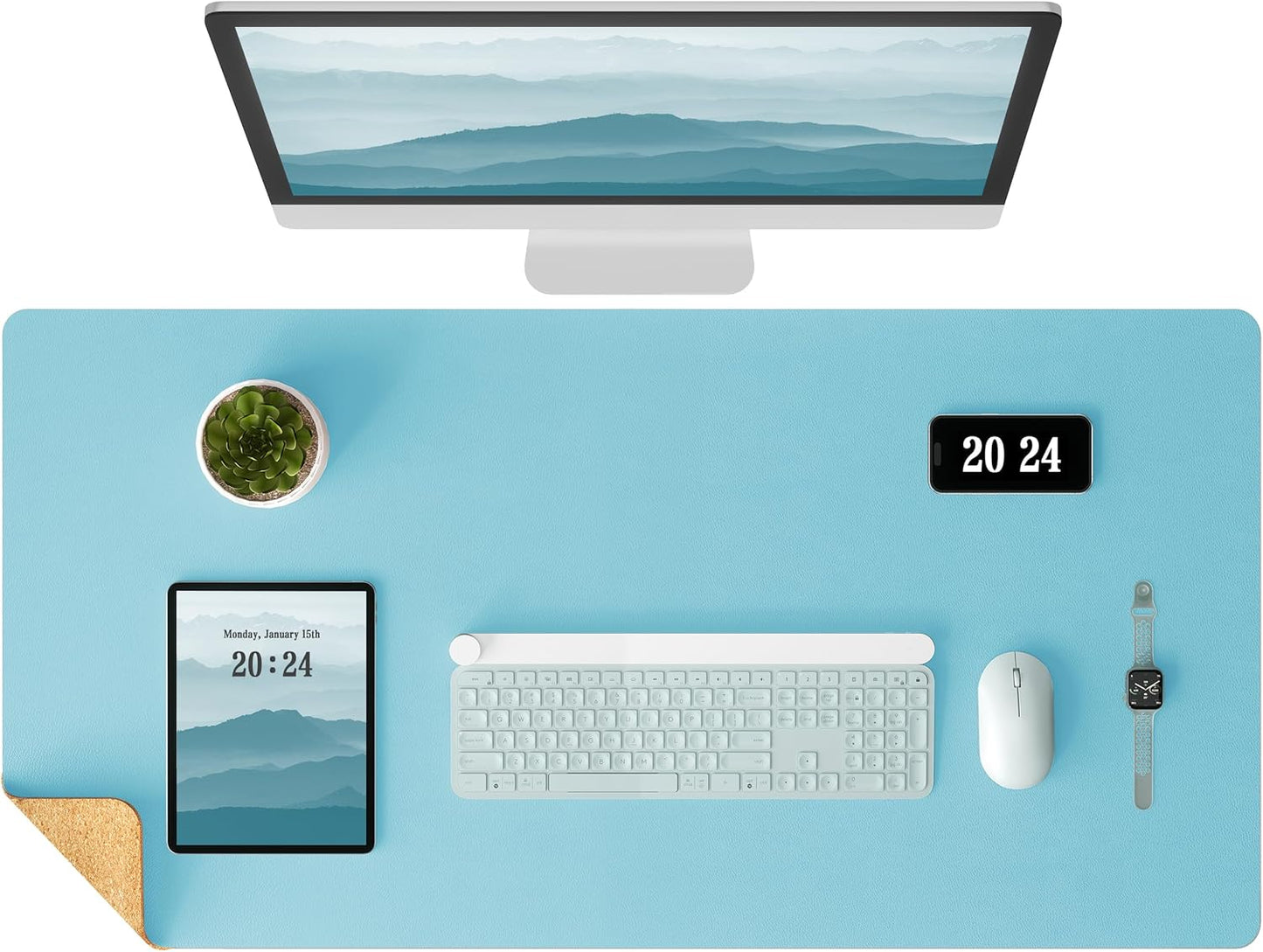 Aothia Double-Sided Desk Pad – 25.6"x13.7" Large Mouse Pad, Leather Desk Mat with Eco Cork Protector, Waterproof Desk Blotter for Office/Home (Blue Topaz)