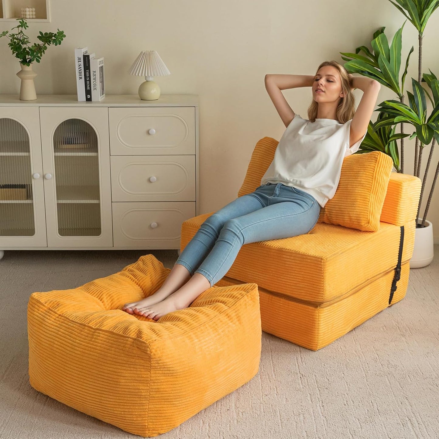 HIGOGOGO Square Stuffed Pouf Ottoman, Corduroy Poufs with Foam Chunk Filling, Furry and Fluffy Pouf Foot Stool Storage Ottoman, 21 X 21 Floor Poufs Foot Rest for Living Room, Orange