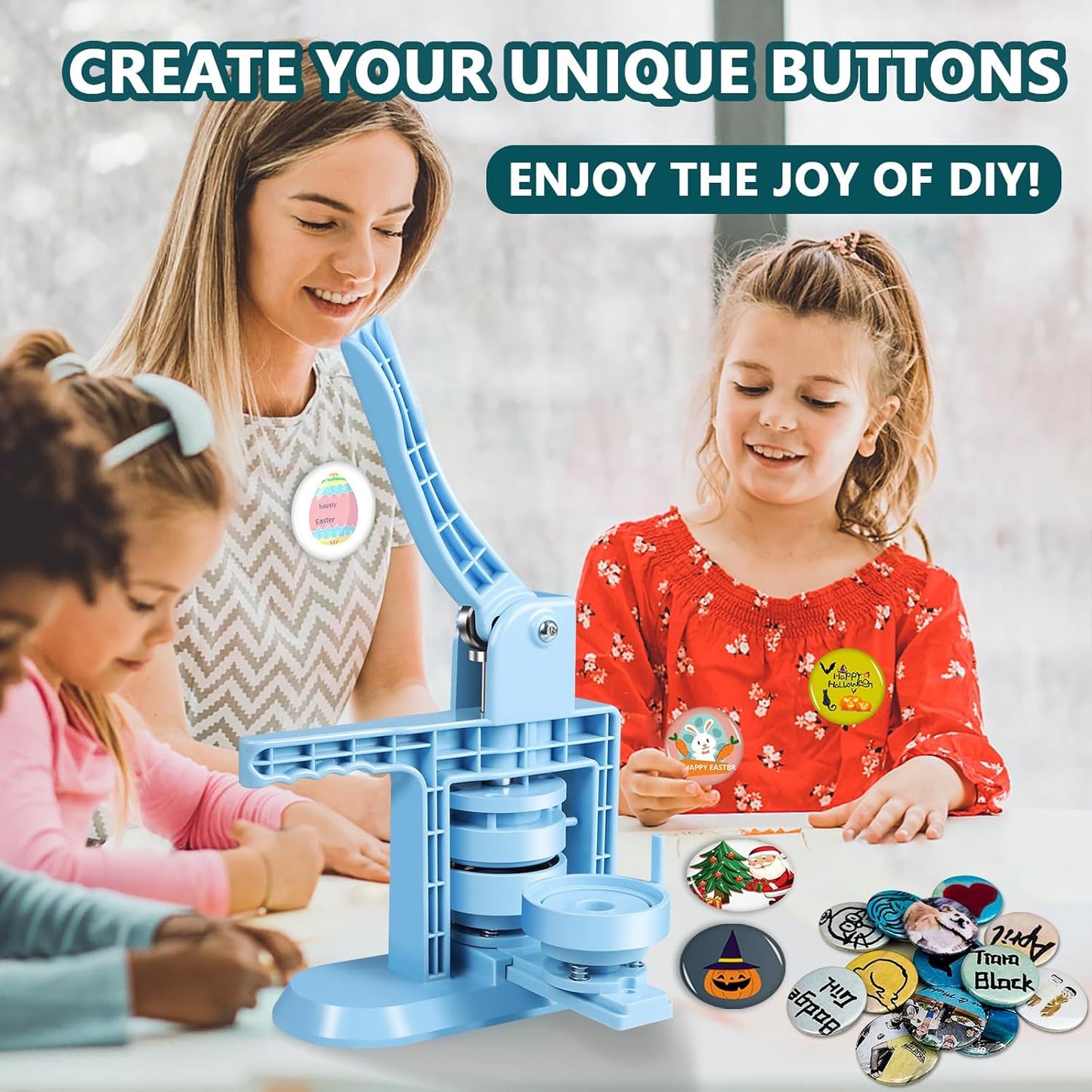 Button Maker Machine Multiple Sizes 1+1.25+2.25inch(4th Gen), DIY Button Pin Maker Machine Kit, Badge Press Machine with 300PCS 25+32+58mm Button Making Supplies& Cutting Mat&Circle Cutter