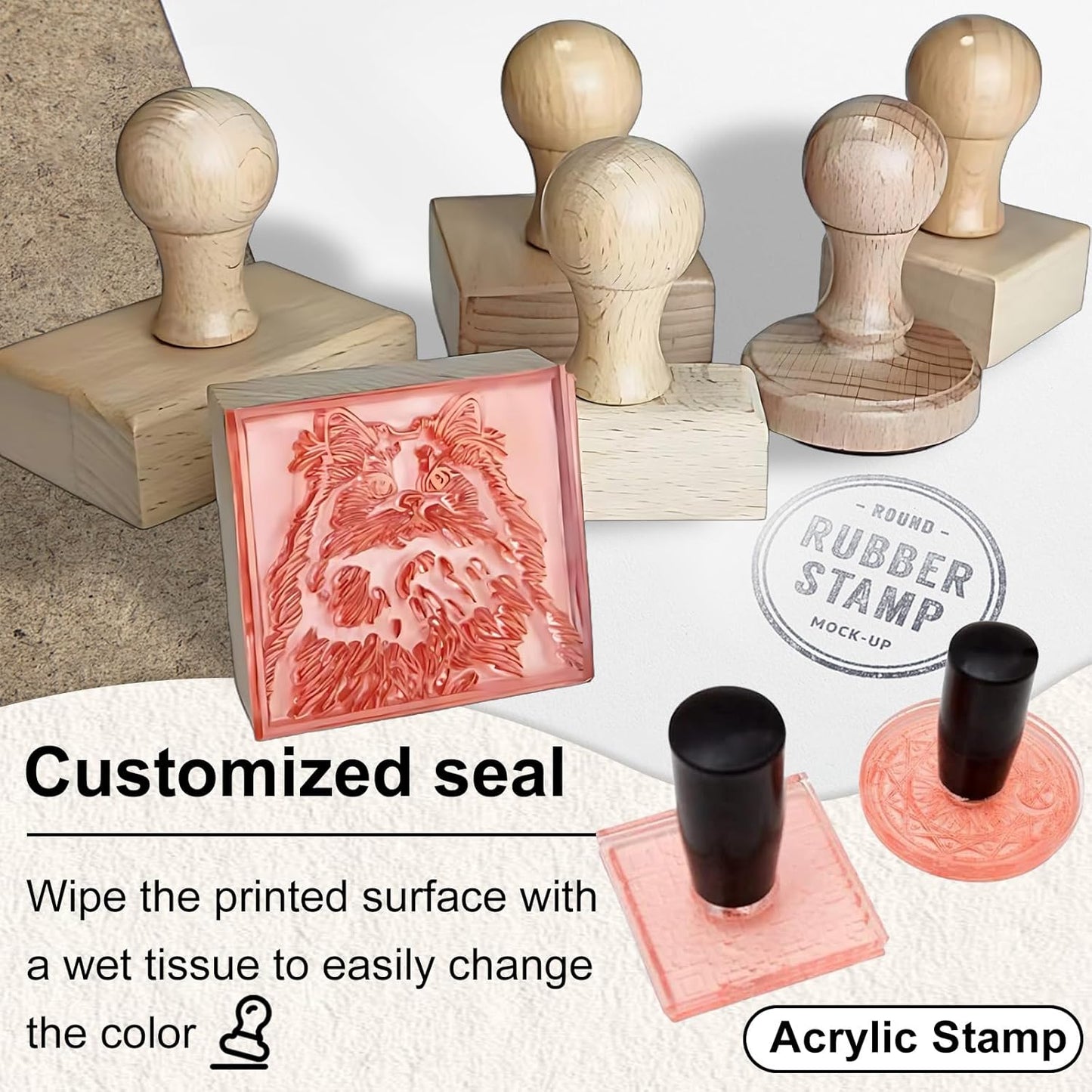 Custom Stamp – Personalized Wooden Rubber Stamp with Logo, Name, and Address, Upload Your Own Design, Multiple Sizes for Branding & Crafting (Square)