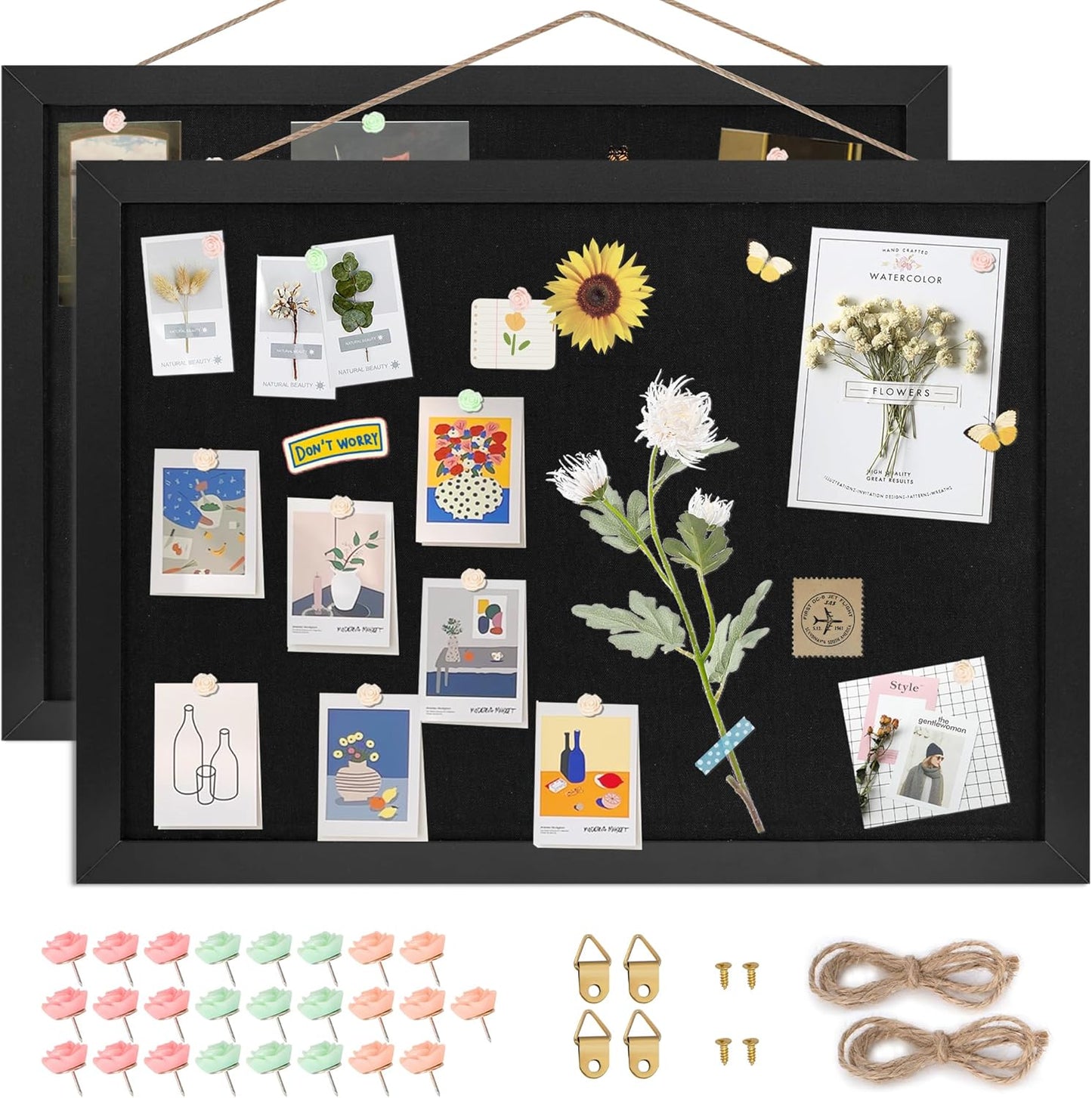 Black Cork Board Bulletin Board 16.7" x 11", 2-Pack Small Linen Corkboards with Frame for Walls, Cute Picture Display Pin Board Vision Board for Room School Office Bedroom 25 Pushpins