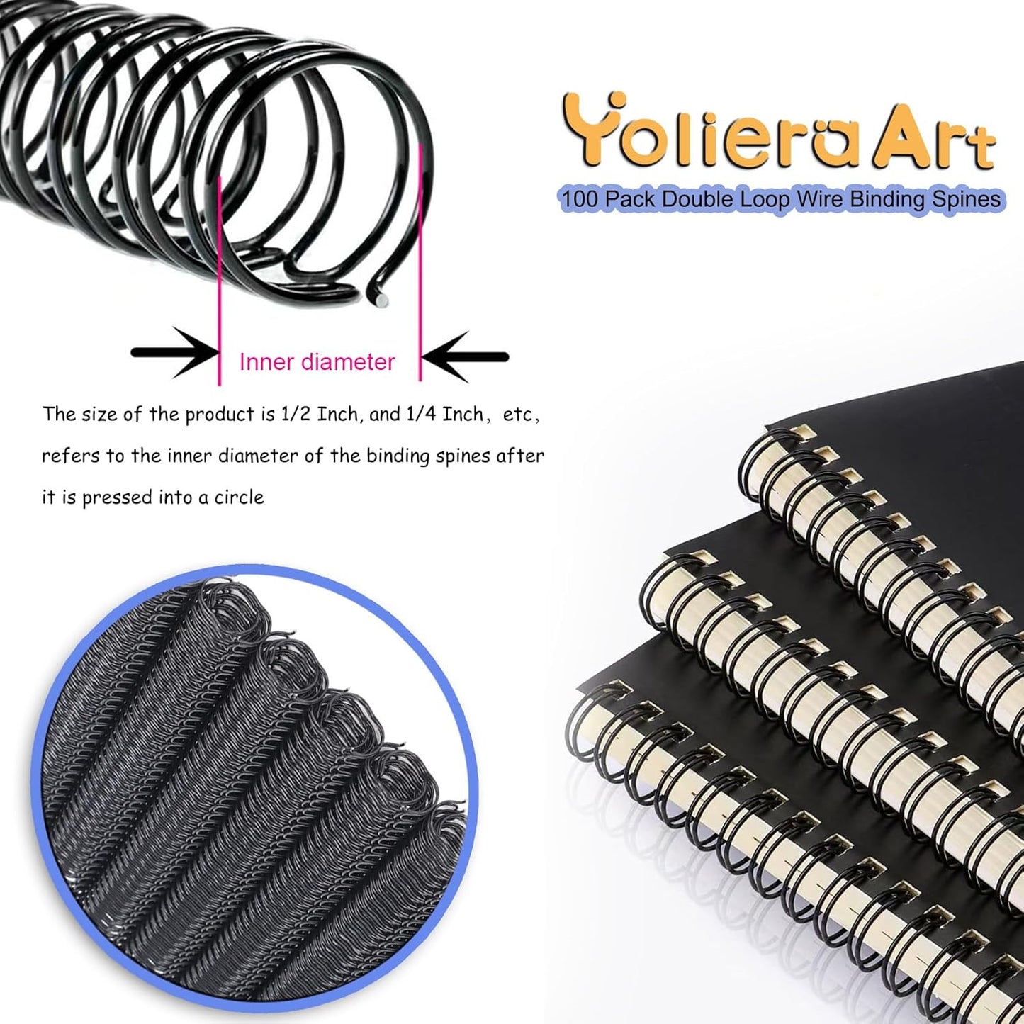 3:1 Pitch Double Loop Binding Wires, YolieraArt 100 Pack Spiral Spine Bindings, 9/16 Inch Wire Twin Binding for Book Binder Machine,Students and Coworkers (120 Sheet Capacity, 100P, Black)