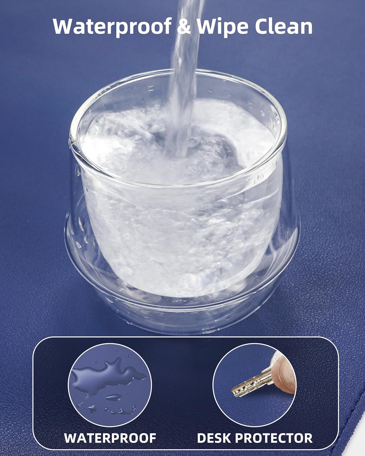 Extra Large Desk Pad Mat - Waterproof Mouse Pad & Desk Protector, Non-Slip XXL PU Leather Gaming Mat for Keyboard/Mouse, Stitched Edge with Ergonomic Support, 55"x24" (Blue)