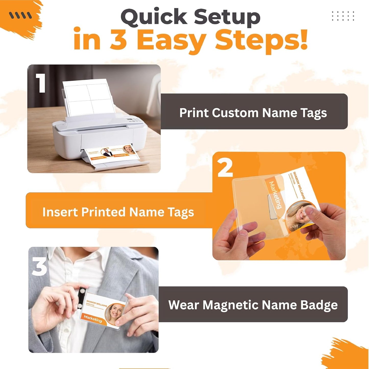 100 Pack of 4x3 Magnetic Name Badge Holders (White Printable Inserts Included) Customizable Magnetic Name Tags for Office, Conventions, School, and Events - Durable and Clear Plastic Name Tag Holder