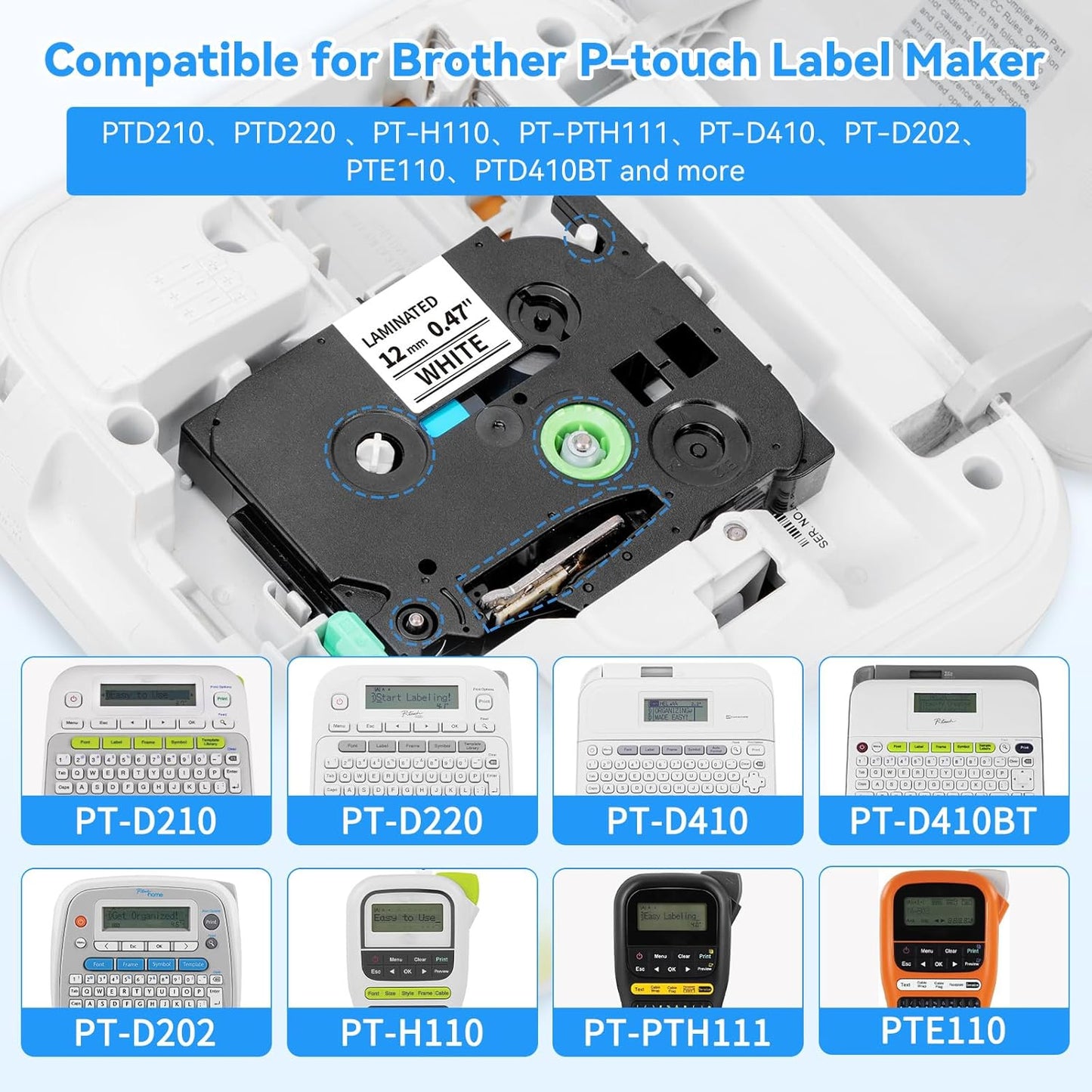 10 PK 12mm Label Maker Tape Compatible with Brother Label Maker Tape 12mm 0.47 White, Replace for Brother P Touch Label Tape 1/2 inch,Work for P-Touch PT-D210 PT-H110 PT-D220 PT-D400