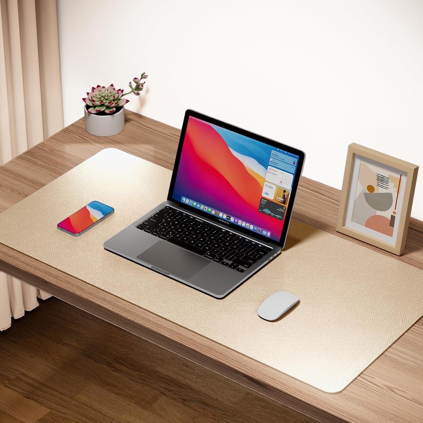 Boutilon Leather Desk Pad Protector,Non-Slip Mouse Pad,Laptop Desk Pad,Office Mouse Mat,Waterproof Leather Desk Blotter,Desk Writing Pad for Office and Home (L-Golden,35"x 17")