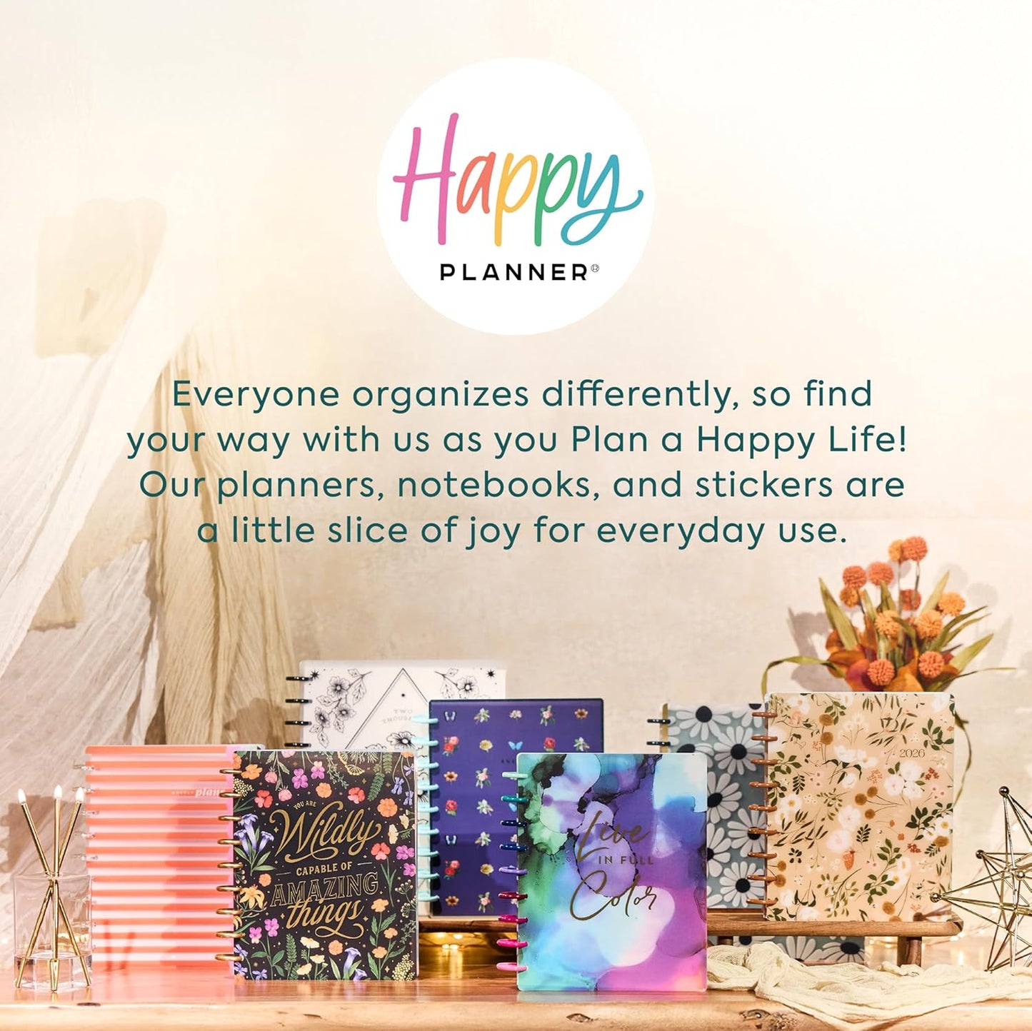 Happy Planner Disc-Bound Planner Jan.–Dec. 2026, Includes 3 Extra Months and 2 Sticker Sheets, Classic Size, 7" x 9.25", Dashboard Layout, Botanical Year